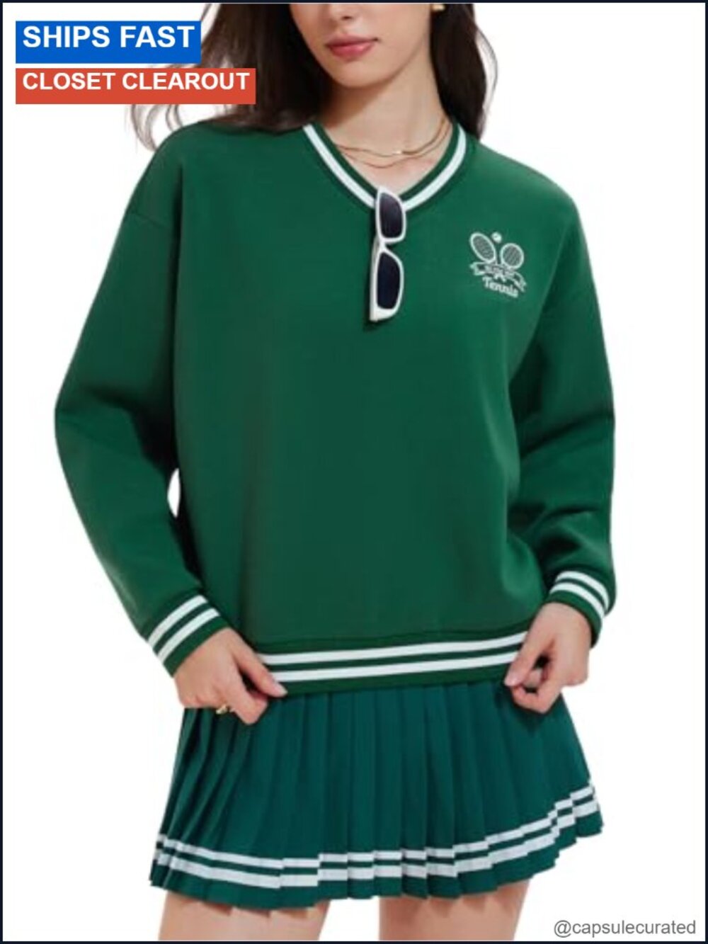 Women's 2 Piece Tennis Skirt Set Long Sleeve Golf Outfit V-Neck Sweater Skort